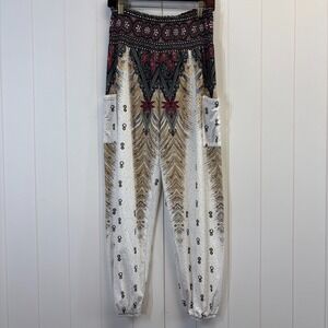 Womens Boho Hippie Smocked Waist Harem Jogger Pants Size L Whimsical Artsy Comfy